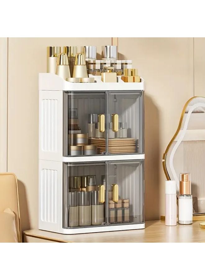 Cream Transparent 2 Tier Large Capacity Foldable Makeup Organizer Cosmetic Storage Box - Image 1